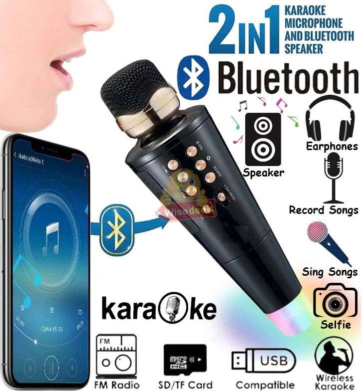 Wireless Bluetooth Microphone & Speaker, Support Headphone, Aux, SD Card, USB & FM Radio