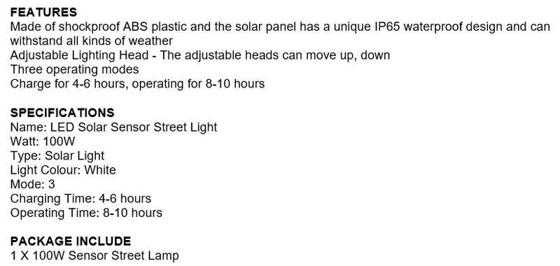 Solar Sensor Street Light, 100W - SEE NEW DELIVERY FEES