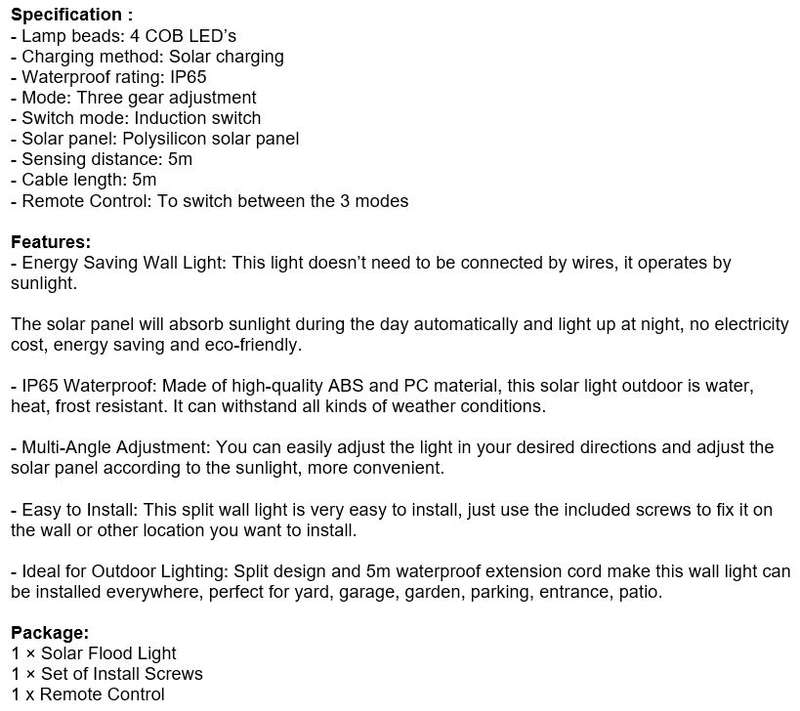4 COB LED Multi functional SOLAR Energy Flood Light Kit with Remote Control