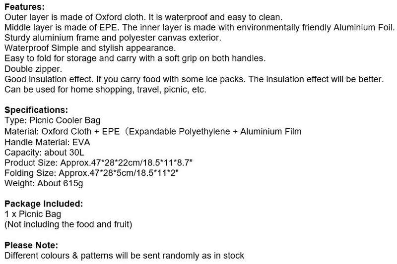 Picnic Cooler Bag, keep food warm or drinks cold, perfect for camping, picnic, hunting, fishing etc.