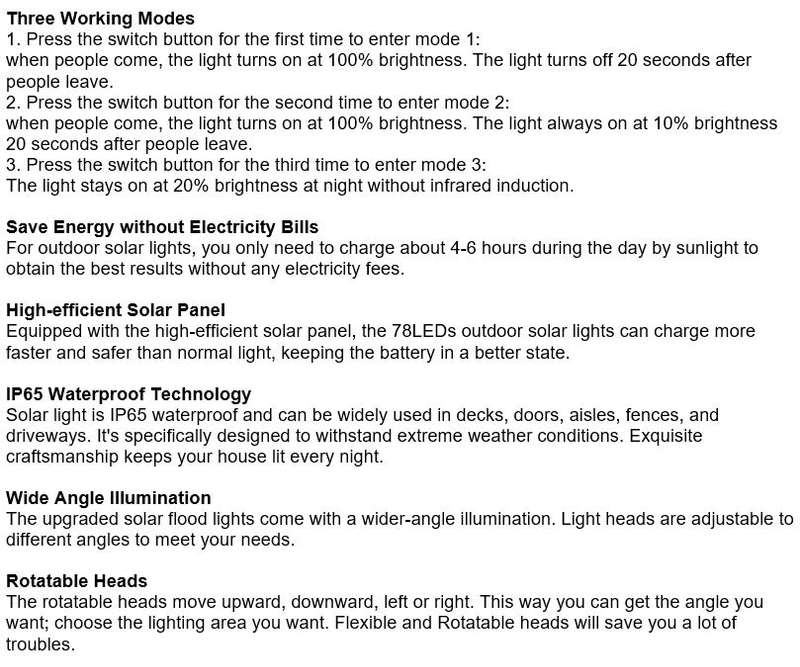 Solar Flood Light, 2 adjustable heads, 3 modes, Rechargeable Lithium battery, Waterproof etc