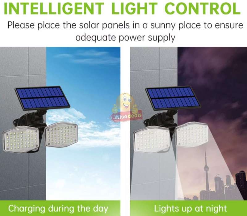 Solar Flood Light, 2 adjustable heads, 3 modes, Rechargeable Lithium battery, Waterproof etc