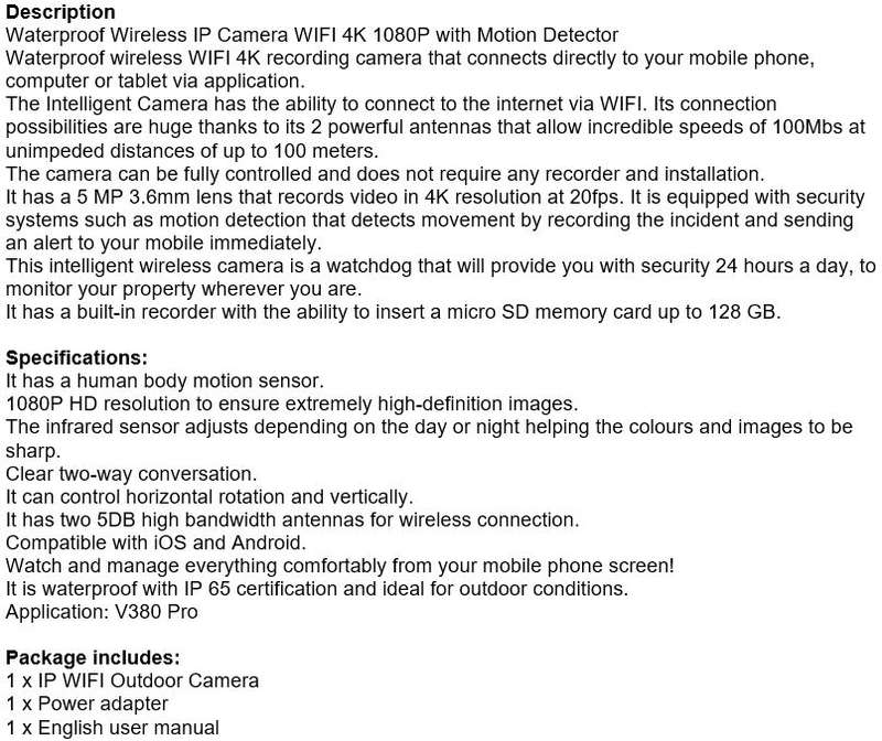 5MP, Waterproof Outdoor 4K WIFI Intelligent IP Camera, Motion Detector, Two-way Communication etc.