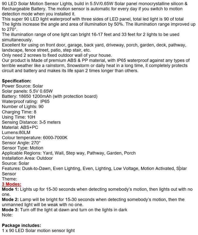 90 LED Super Bright SOLAR Wall Light with 3 Modes, PIR Motion Sensor, Waterproof & Eco-Friendly