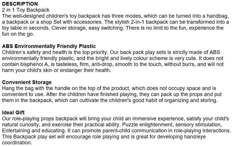 2 in 1 Backpack Educational Play Sets, Fruit Shop Market with lots of accessories