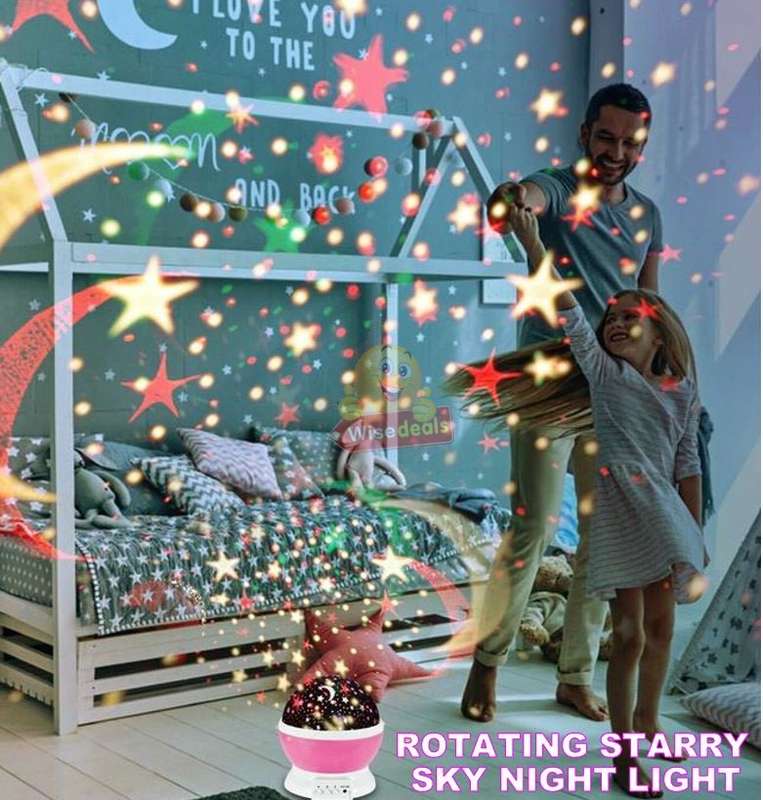 Rotating Starry Night Sky Projector Lamp with moon and stars in colour or soft white night bed lamp