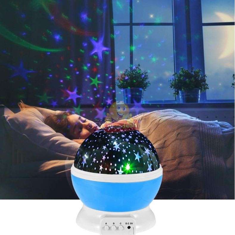 Rotating Starry Night Sky Projector Lamp with moon and stars in colour or soft white night bed lamp