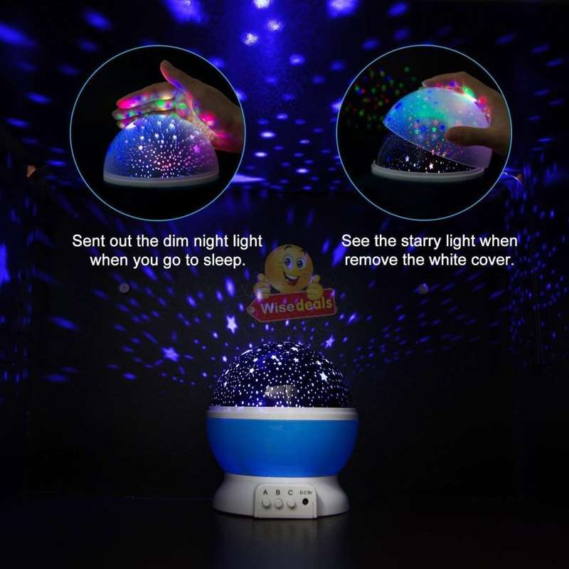 Rotating Starry Night Sky Projector Lamp with moon and stars in colour or soft white night bed lamp