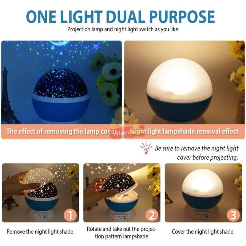 Rotating Starry Night Sky Projector Lamp with moon and stars in colour or soft white night bed lamp