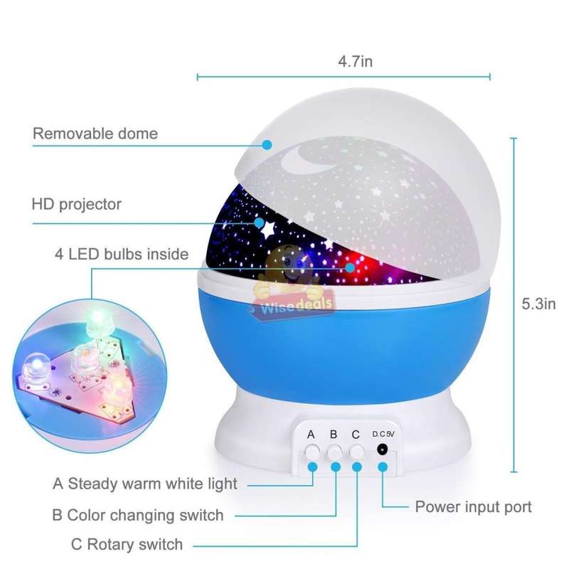 Rotating Starry Night Sky Projector Lamp with moon and stars in colour or soft white night bed lamp