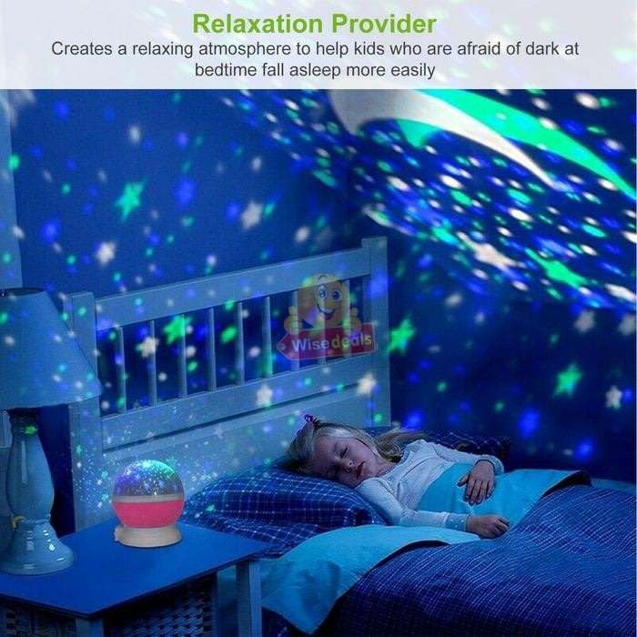 Rotating Starry Night Sky Projector Lamp with moon and stars in colour or soft white night bed lamp