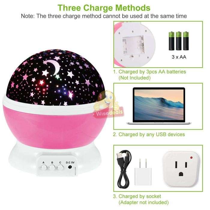 Rotating Starry Night Sky Projector Lamp with moon and stars in colour or soft white night bed lamp