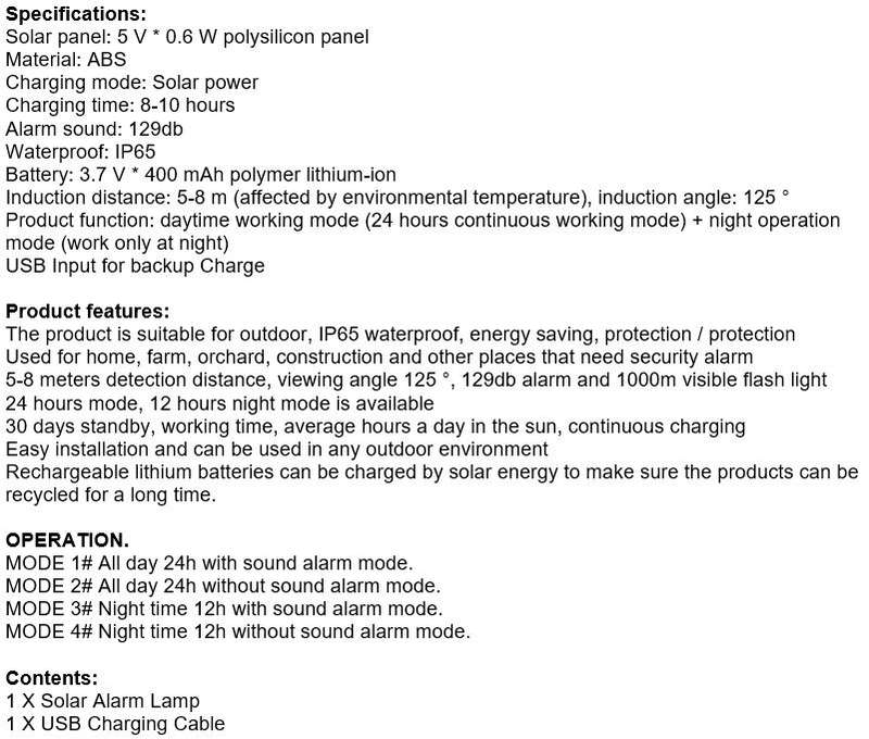 Waterproof Motion Sensor LED SOLAR LIGHT & ALARM- Your all-in-one Security Necessity PLUS USB Backup