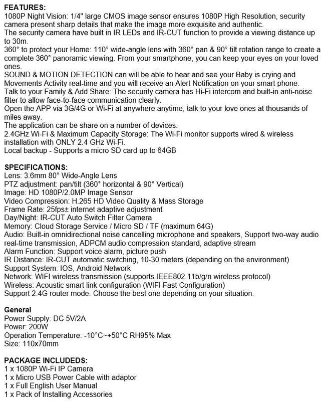 1080P WI-FI Night Vision IP Camera, Motion Detection, Two-way Communication and more