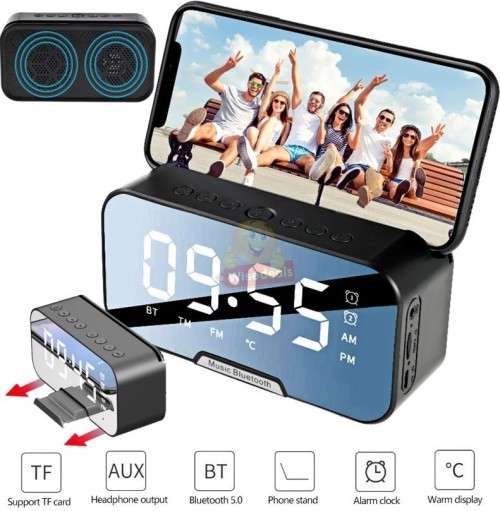 Portable Bluetooth Boombox Speaker and Alarm Clock - Support FM Radio, USB, TF Card, Aux
