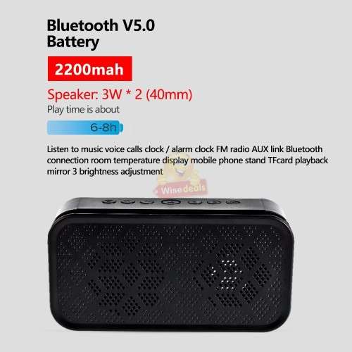 Portable Bluetooth Boombox Speaker and Alarm Clock - Support FM Radio, USB, TF Card, Aux