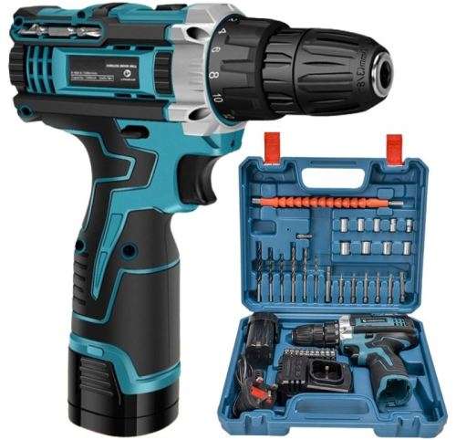 18V Cordless Rechargeable Drill Set with Accessories and 2 Lithium Batteries
