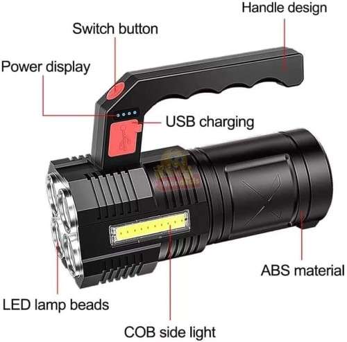 Rechargeable Handheld USB COB Flashlight Spotlight, 5000 Lumens