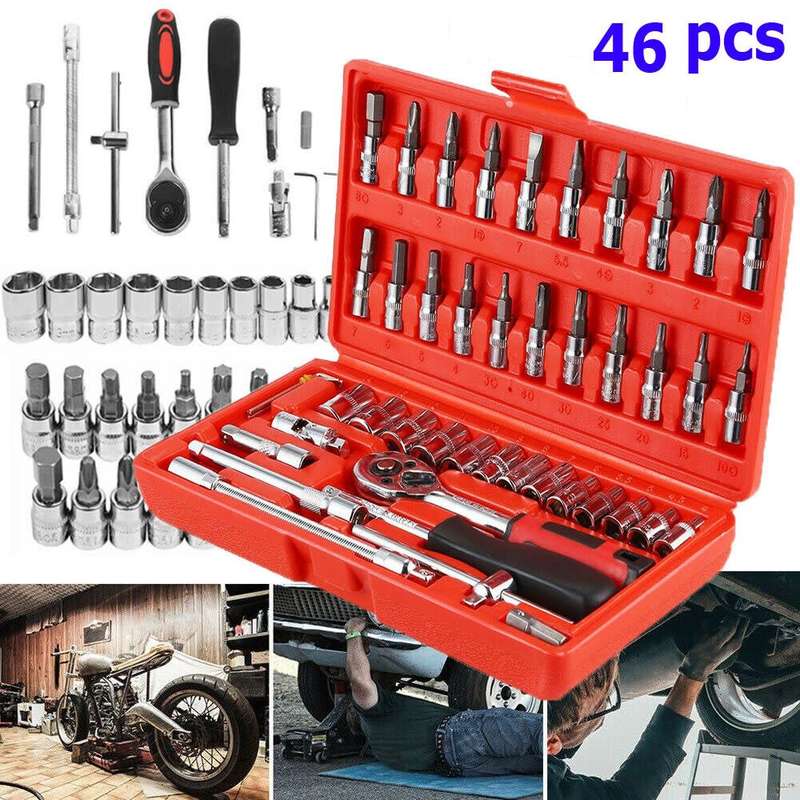 46pcs quarter Inch Socket Set Auto Repair Tools Ratchet Set Torque Wrench Combination Drill Bits