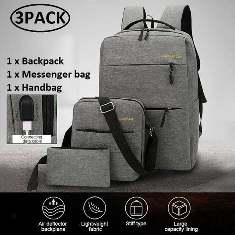 3 Piece Backpack Set, Large Backpack with USB Port and Cable to Charge Devices, Sling and Hand Bag