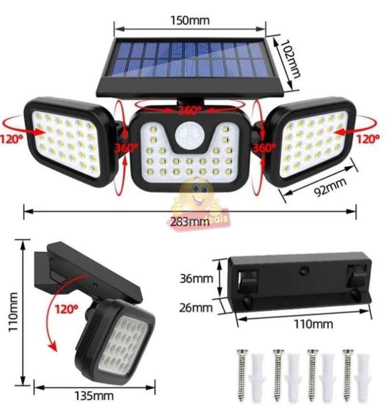 30W Rotatable Three Head Solar Flood Light - 3 Lightning Modes - START R1 ONLY