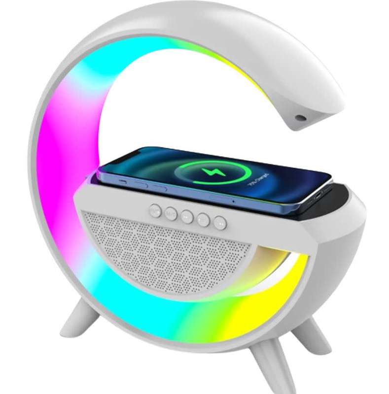 Large Bluetooth 360° Surround Sound Speaker and Wireless Charger, FM Radio with Colourful Lights