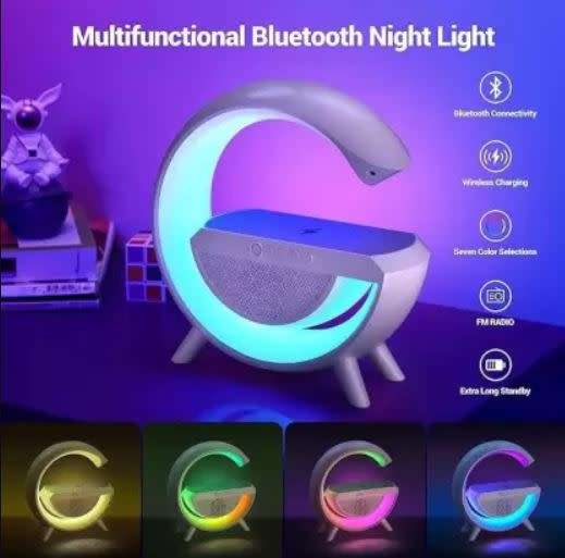 Large Bluetooth 360° Surround Sound Speaker and Wireless Charger, FM Radio with Colourful Lights