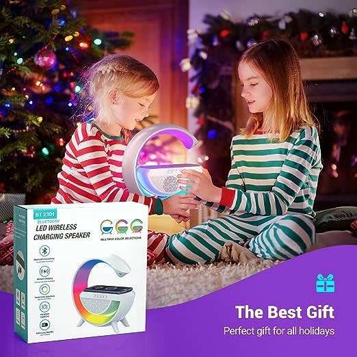 Large Bluetooth 360° Surround Sound Speaker and Wireless Charger, FM Radio with Colourful Lights