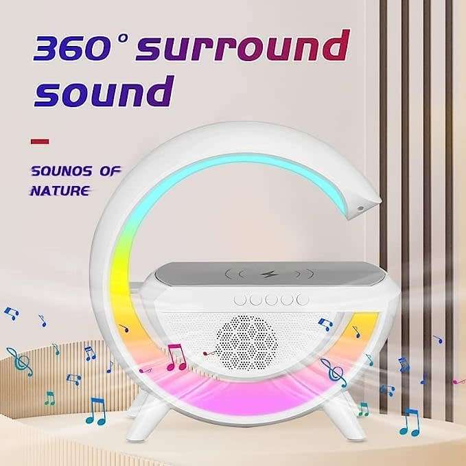 Large Bluetooth 360° Surround Sound Speaker and Wireless Charger, FM Radio with Colourful Lights