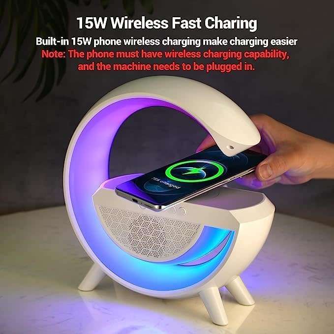 Large Bluetooth 360° Surround Sound Speaker and Wireless Charger, FM Radio with Colourful Lights