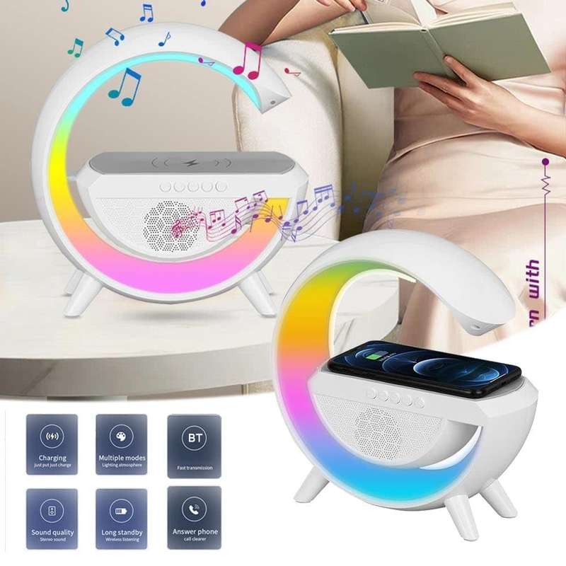 Large Bluetooth 360° Surround Sound Speaker and Wireless Charger, FM Radio with Colourful Lights