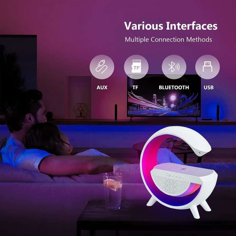 Large Bluetooth 360° Surround Sound Speaker and Wireless Charger, FM Radio with Colourful Lights