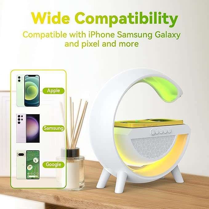 Large Bluetooth 360° Surround Sound Speaker and Wireless Charger, FM Radio with Colourful Lights