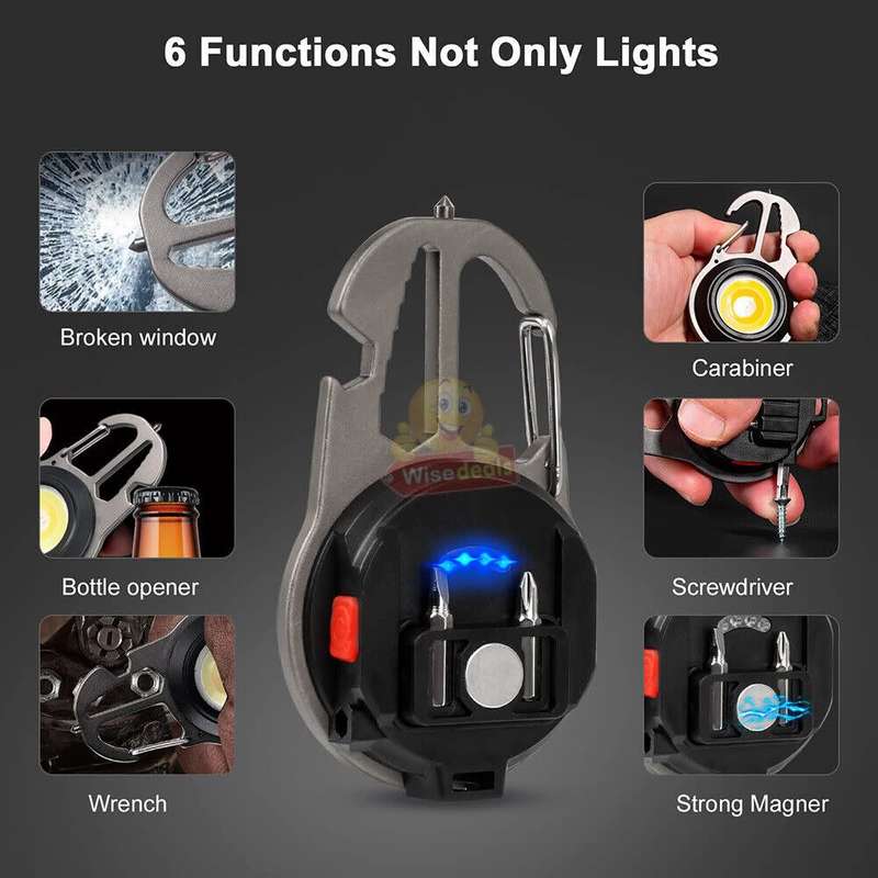 6 in 1 Keychain companion for your keys - Mini-COB keyring lights and 5 more functions