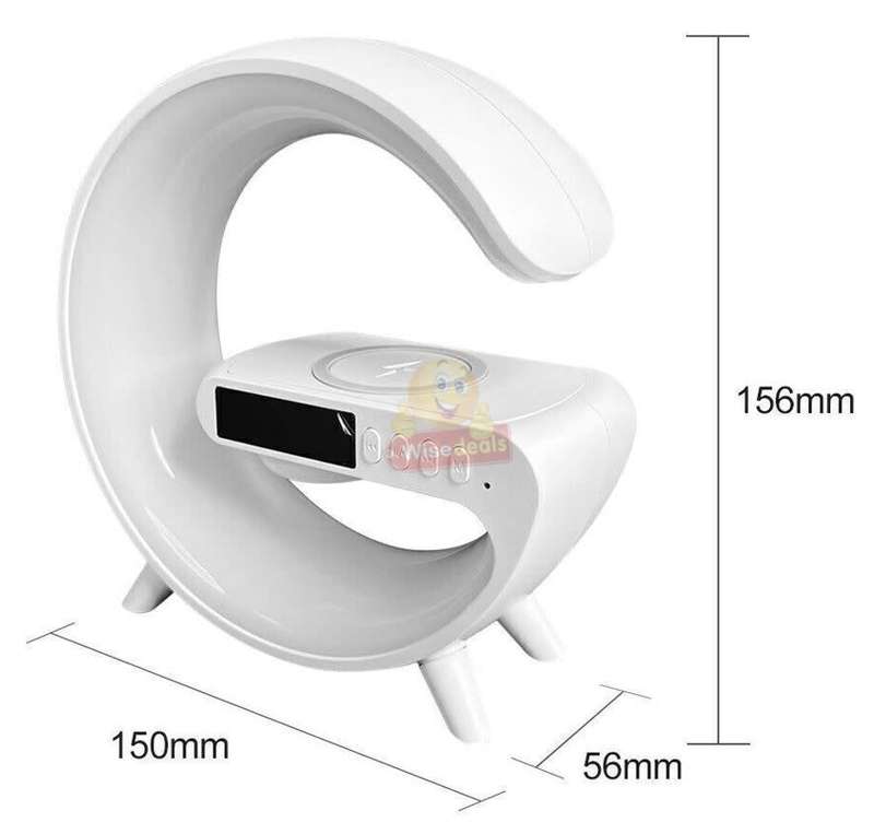 Bluetooth 360° Surround Sound Speaker and Wireless Charger, Alarm with Snooze and Colourful Lights
