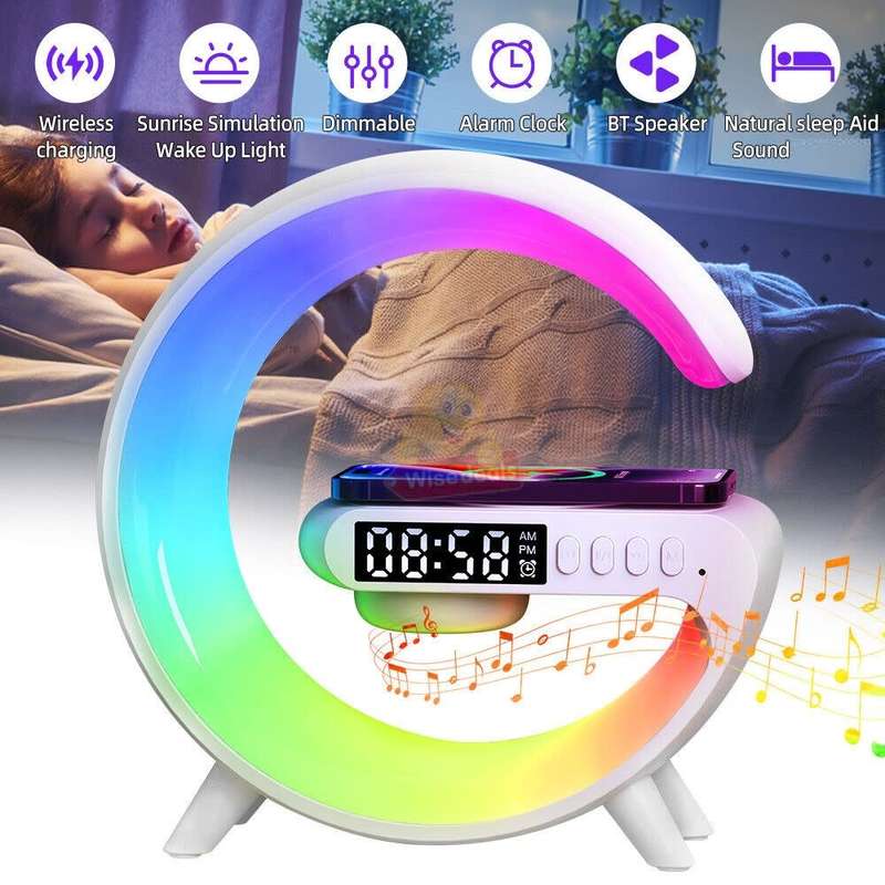 Bluetooth 360° Surround Sound Speaker and Wireless Charger, Alarm with Snooze and Colourful Lights