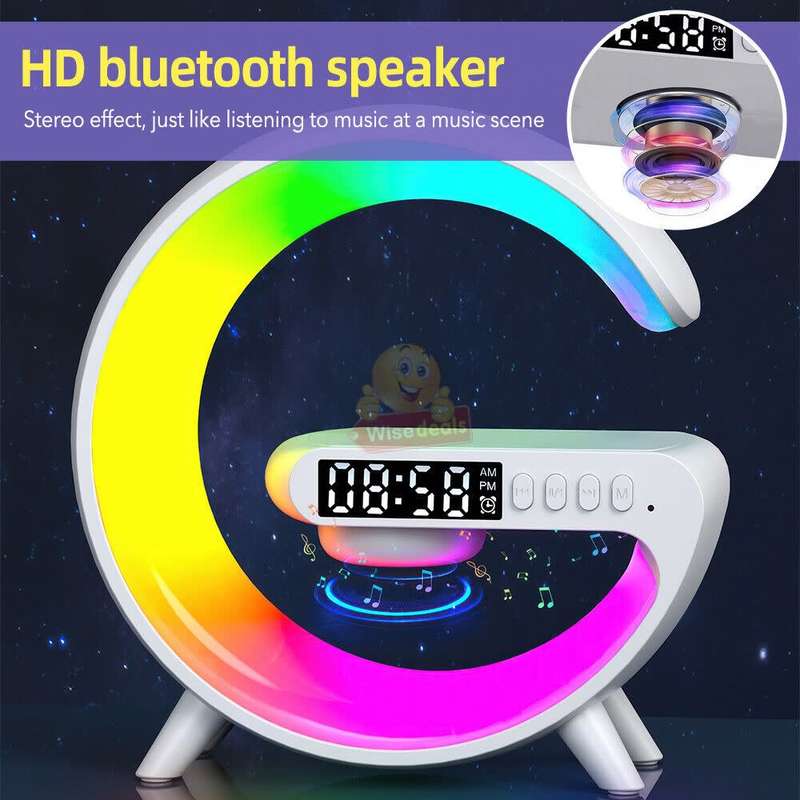 Bluetooth 360° Surround Sound Speaker and Wireless Charger, Alarm with Snooze and Colourful Lights