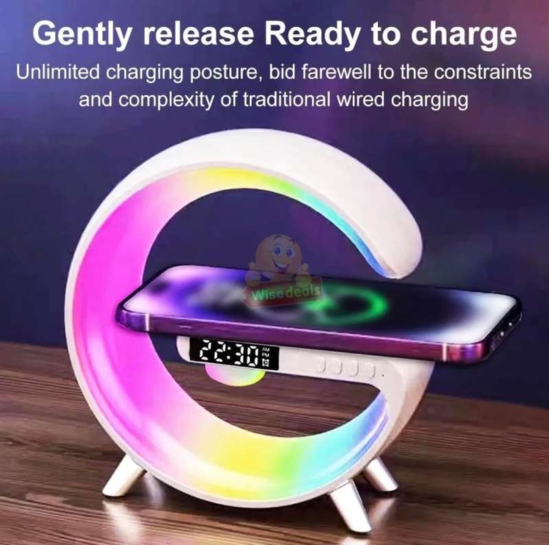 Bluetooth 360° Surround Sound Speaker and Wireless Charger, Alarm with Snooze and Colourful Lights