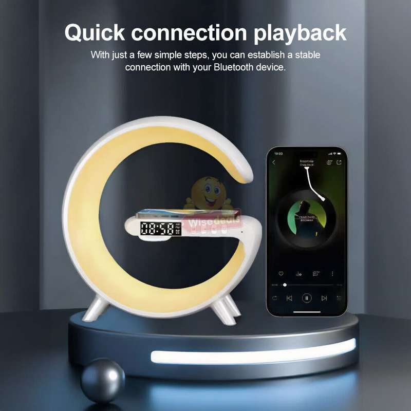 Bluetooth 360° Surround Sound Speaker and Wireless Charger, Alarm with Snooze and Colourful Lights
