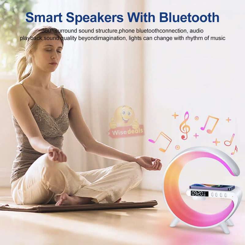 Bluetooth 360° Surround Sound Speaker and Wireless Charger, Alarm with Snooze and Colourful Lights