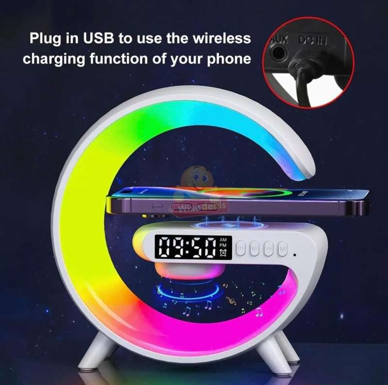 Bluetooth 360° Surround Sound Speaker and Wireless Charger, Alarm with Snooze and Colourful Lights