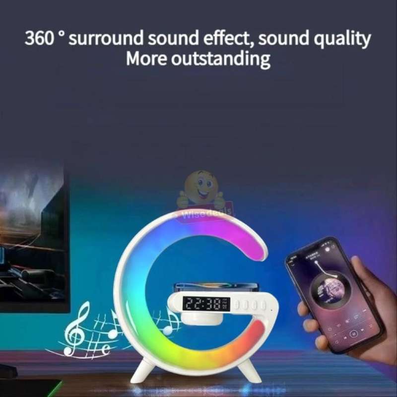 Bluetooth 360° Surround Sound Speaker and Wireless Charger, Alarm with Snooze and Colourful Lights
