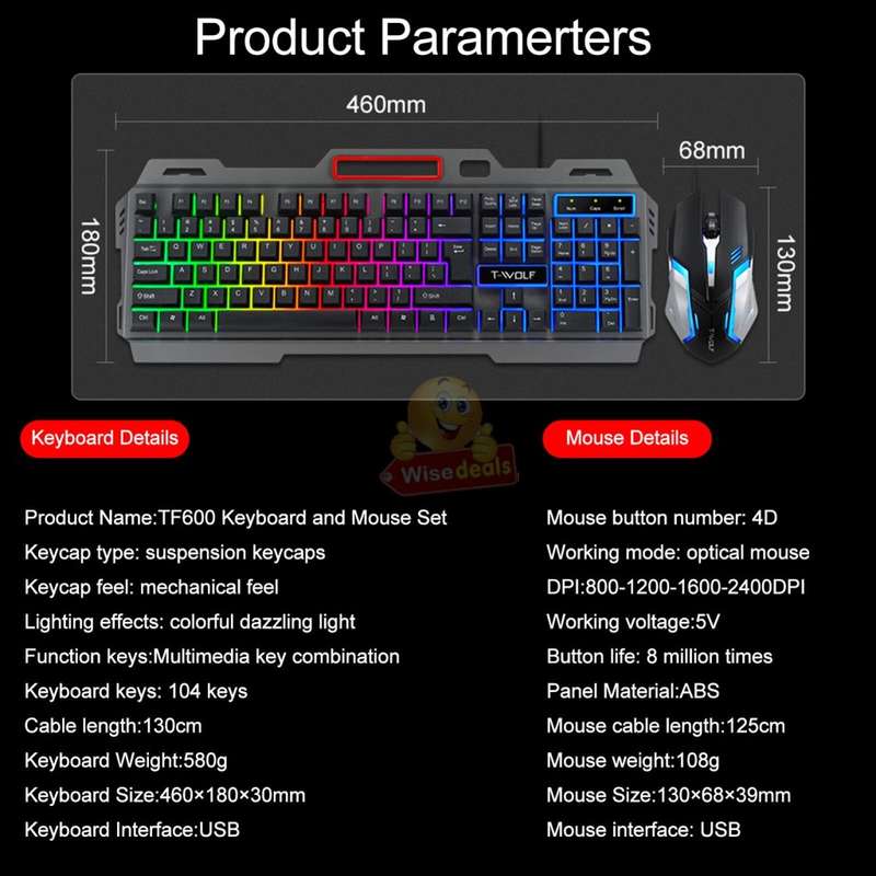 T-WOLF Gaming Keyboard and Mouse Set, 4D Buttons, Colourful Lights