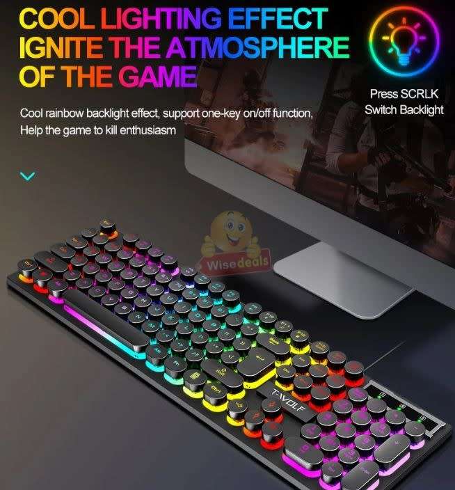 T-Wolf Retro Rainbow Gaming Keyboard with an Amazing Colour Spectrum