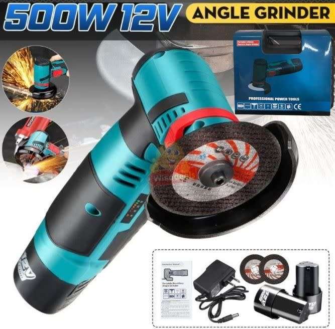Cordless Rechargeable Angle Grinder Kit with 2 X Discs, Wrench, 2 X 12V Lithium Batteries & Case -R1