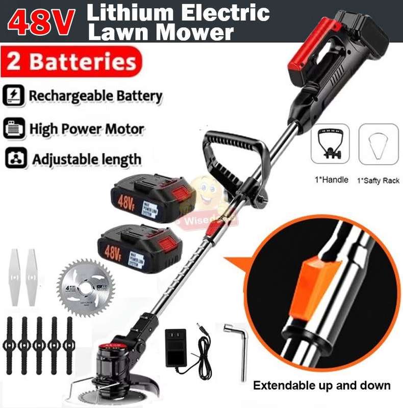 48V Rechargeable Wireless Lawn Mower and Grass Cutter, 2 X 48V Lithium Batteries & 3 Blade types