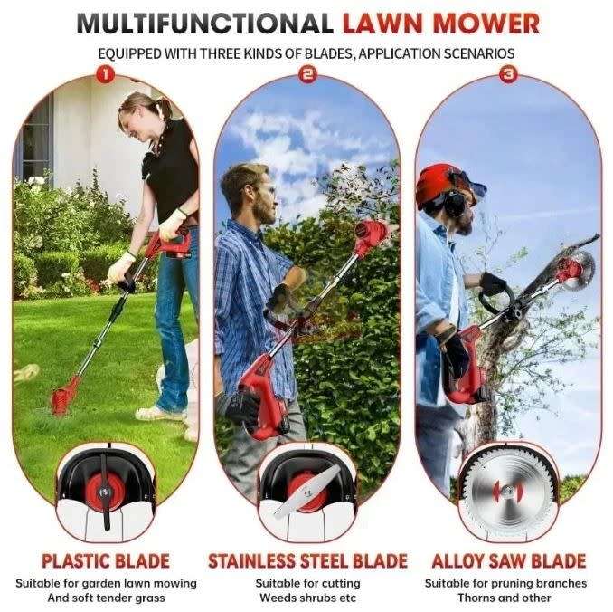 48V Rechargeable Wireless Lawn Mower and Grass Cutter, 2 X 48V Lithium Batteries & 3 Blade types