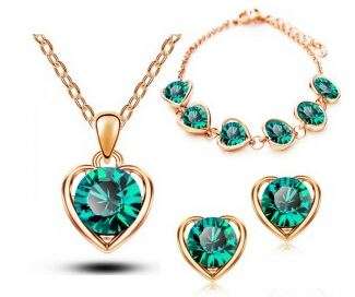 Gold Green 3 Piece Heart Shape Austrian Crystal Jewellery Set