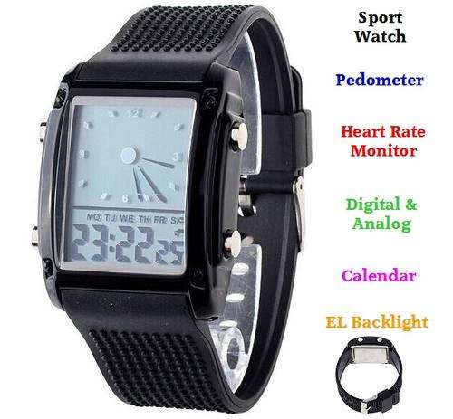 Luxury Pedometer 3D Sport & Fitness Wrist Watch with Heart Rate Monitor, Digital & Analog - Black