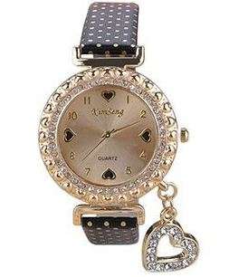 Ladies Leather Wrist Watch with Crystal Heart Pendant